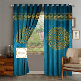 2 Pieces Luxury Velvet Curtain Panels with 2 belts-Cyan Blue/Gold 013